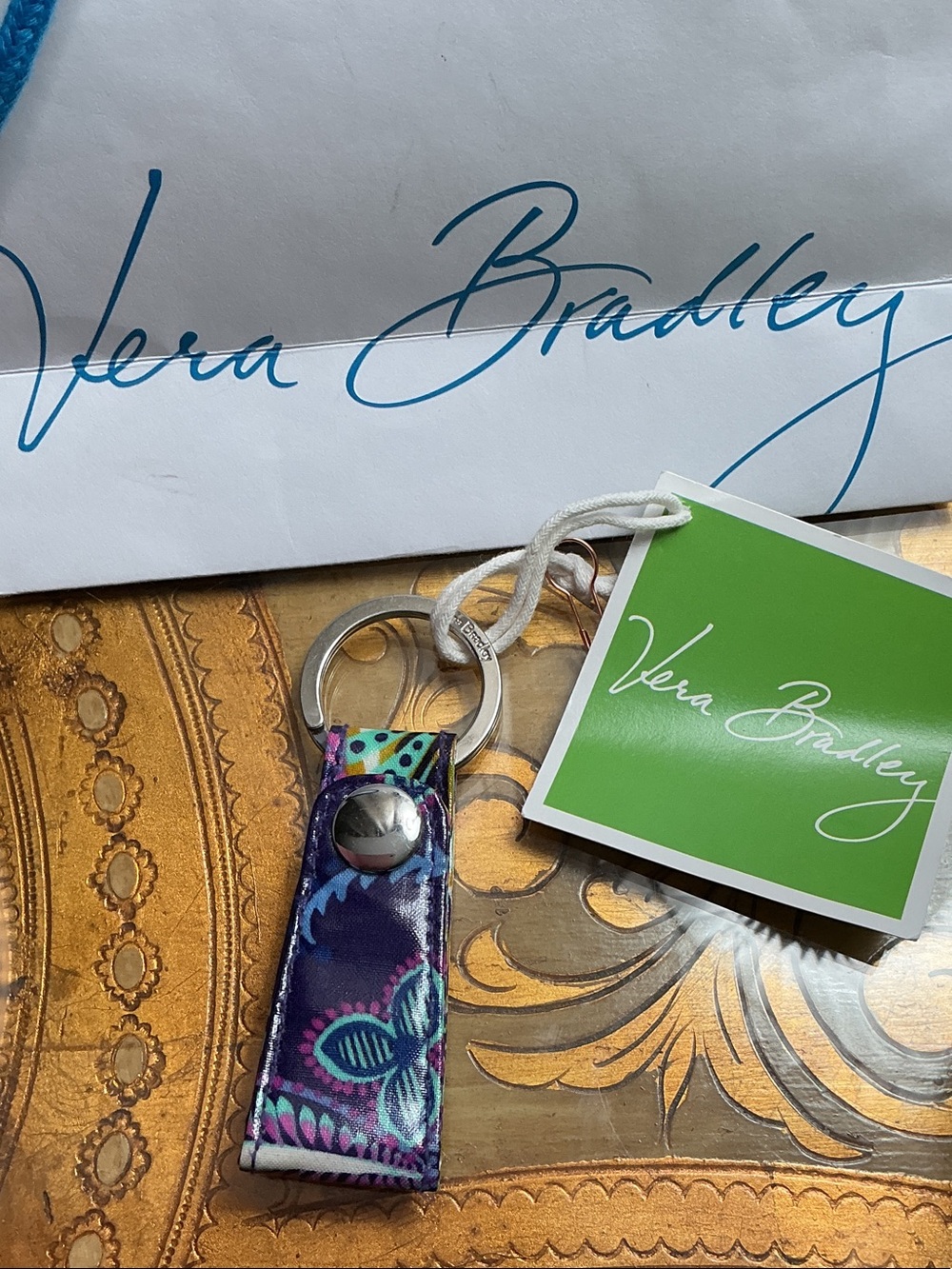 Vera Bradley Purple Floral Snap Key Fob with Aqua Accents
